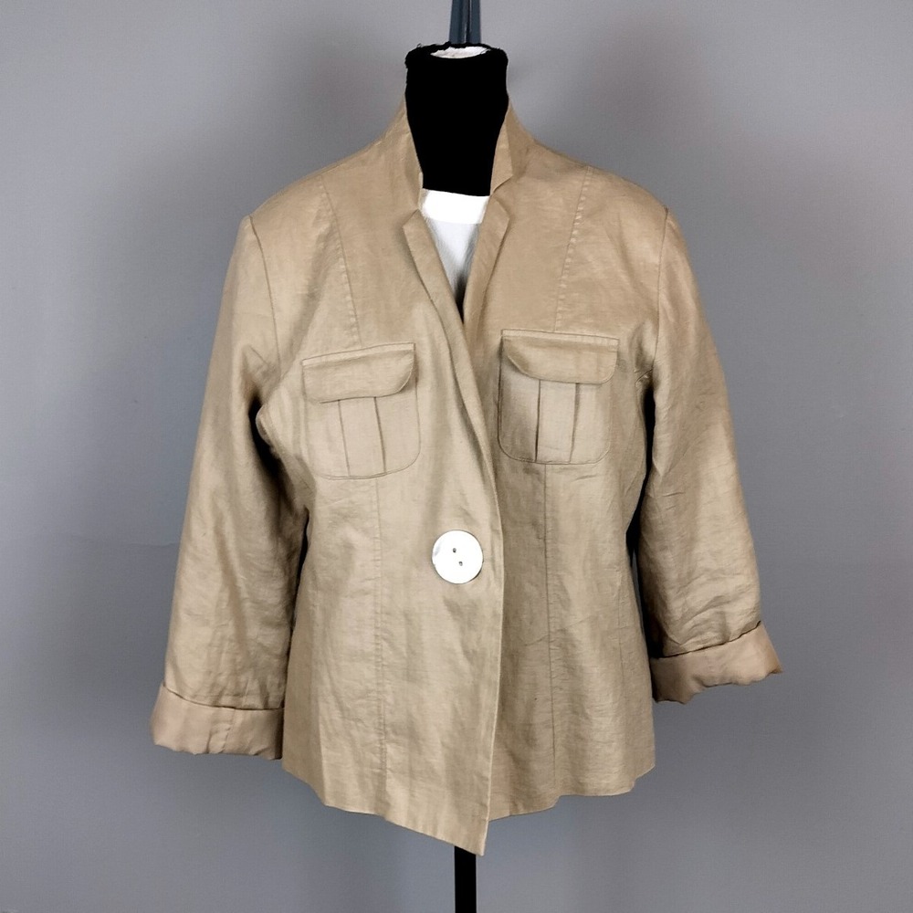 Queenspark Linen Single Button Utility Short Sleeve Tan Beige Pocket Jacket